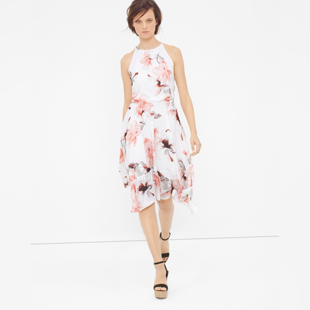 White House Black Market Cherry Blossom Floral Print Flare Dress - Pink & White